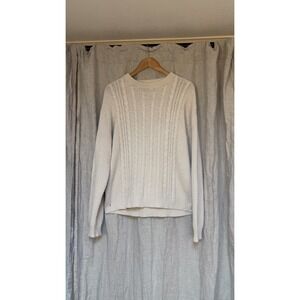 Vintage Aran Cable Knit Sweater USA Made Cotton Cream Fisherman Style Size L XL